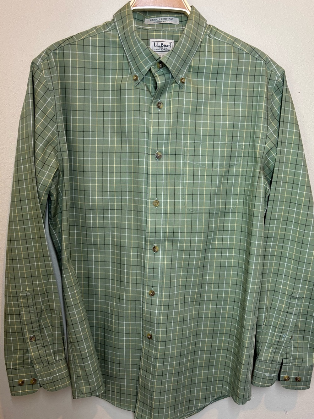 L.L. Bean Men's Green Plaid Button-Down Shirt, 100% cotton, wrinkle resistant, M